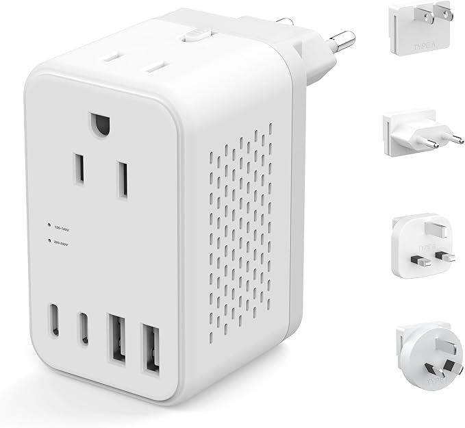 2000W 220V to 110V Voltage Converter US to Europe, Power Converter with Type C, A, G, I Plugs, 2 USB C & 2 USB A Ports, European Travel Converter for Hair Dryer, Curling Iron, Straightener, Chargers