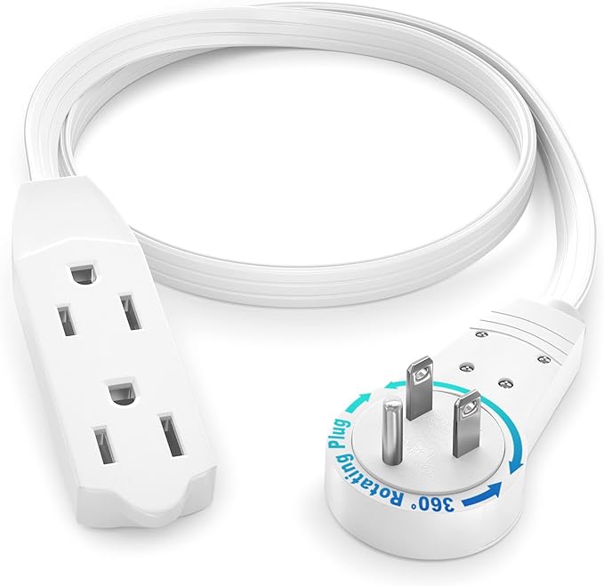 Maximm Cable 1 Ft 360° Rotating Flat Plug Extension Cord/Wire, 16 AWG Multi 3 Outlet Extension Wire, 3 Prong Grounded Wire - White - UL Certified