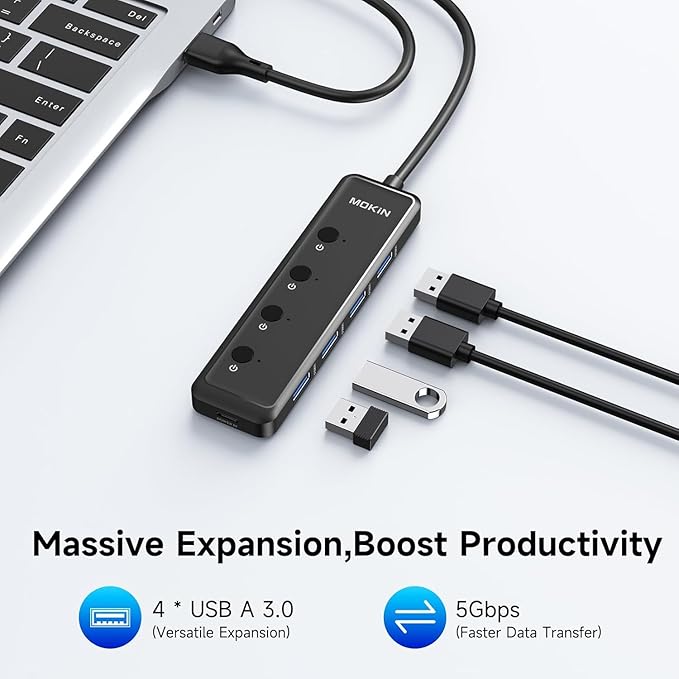 MOKiN USB 3.0 Hub, 5-Port Ultra Slim Data USB Extender with 4*USB A 3.0 Ports + USB C Power Port for Laptop, Chromebook, Dell Acer and More, 2FT Extended Cable…