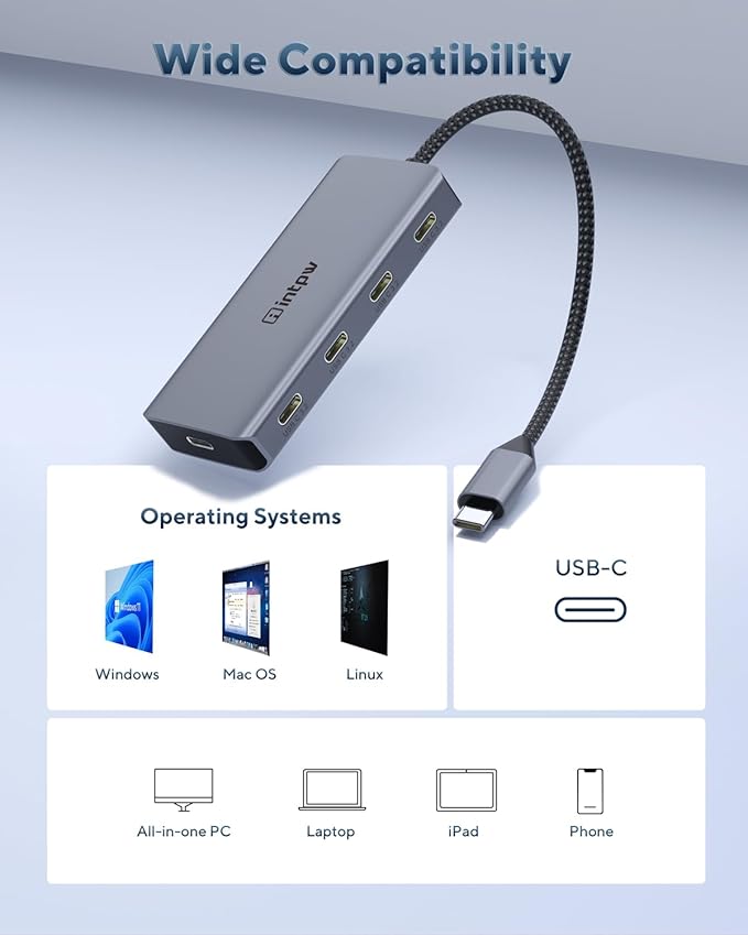 Powered USB Hub 10Gbps, intpw 9-Port USB 3.2 Hub, USB C Hub with USB A/USB C 3.2, 4 USB 3.0, 2 PD 45W Charging Ports, 65W Power Adapter and 3.3FT Cable, Aluminum USB Hub for Laptop, iPhone 16/15, PC