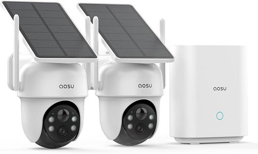 AOSU Security Cameras Outdoor Wireless, 2 Cam-Kit, No Subscription, Solar-Powered, Home Security Cameras System with 360° Pan & Tilt, Auto Tracking, 2K Color Night Vision, Easy Setup, 5G & 2.4G WiFi