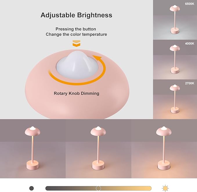 DAWALIGHT LED Rechargeable Table lamp,5200mAh Battery Operated lamp 3 Color Stepless Dimming Cordless Desk Lamp Rechargeable Portable Touch Lamp,Kids Light Night Light for Bedroom,Restaurant,Pink