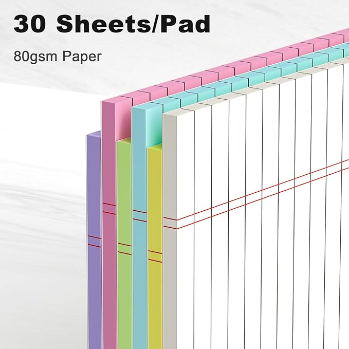 Colored Legal Pads 8.5 x 11 Wide Ruled, Note Pads Sturdy Back Writing Pads 30 Sheets/Pad, 20lb Colored Paper, Perforated Notepad with Sturdy Back (6 Pads)