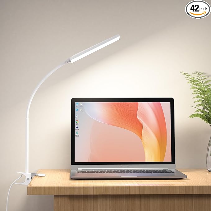 RAOYI LED Desk Lamp, 5W USB Clip on Light Eye-Caring Reading Clamp Table Lamp with 48 LEDs Flexible Gooseneck, 3 Color Modes and 14 Brightness Levels for Office Bedroom Study (White)