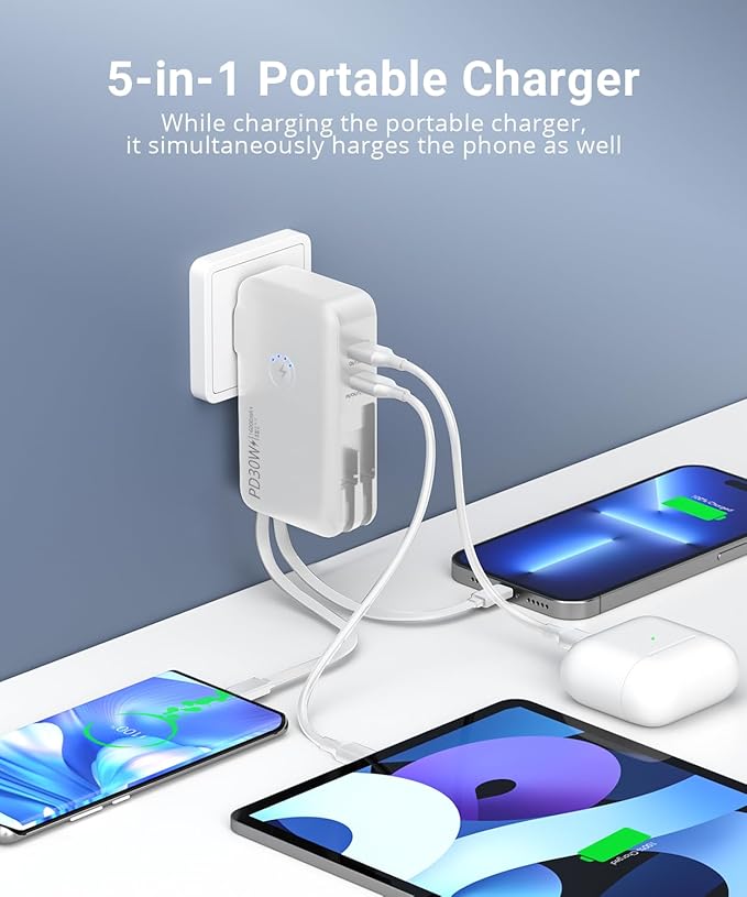 Portable Charger, Power Bank, 16000mAh Power Bank Built-in AC Wall Plug and Cables, PD 30W and QC4.0 Fast Charger for iPhone and Android Phones and Most Electronic Devices (White)