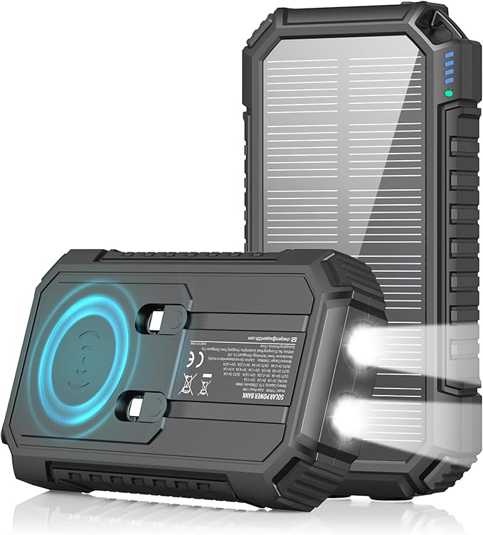 Riapow Solar Power Bank 27000mAh/99000mWh - Wireless Solar Charger - 22.5W Fast Charging Battery Bank Built in 2 Cables - PD QC External Battery Pack with USB C for Phone Flashlight for Outdoor