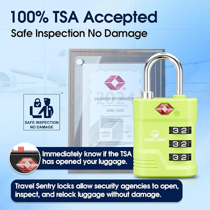SURE LOCK TSA Locks for Luggage, TSA Approved Luggage Locks with Open Alert, 008 Key for High Security, Easy Read Dials, Zinc Alloy Body, Locker Lock for Suitcase, Gym, Travel. (Green 4 pk)