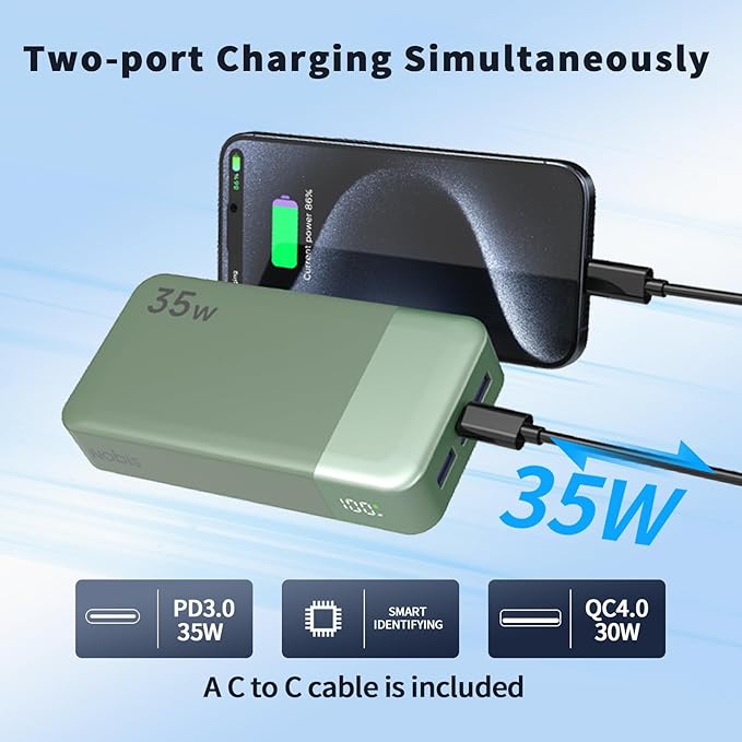 NOBIS Portable Charger, 20000mAh Power Bank, 35W Power Bank Fast Charging, Battery Pack with C to C Cable, Battery Bank with Digital Display for Phone Android etc