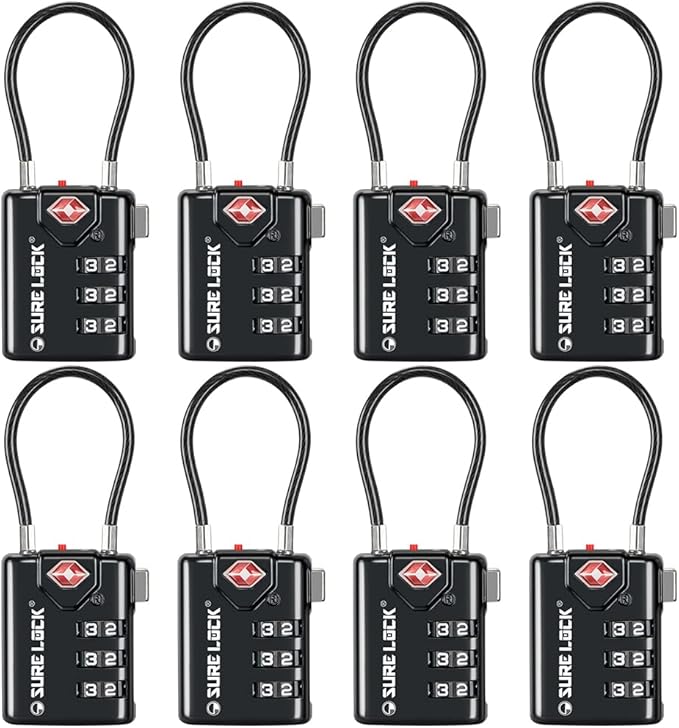 SURE LOCK TSA Compatible Travel Luggage Locks, Inspection Indicator, Easy Read Dials TSA Approved with Zinc Alloy (1, Black 8 Pack)