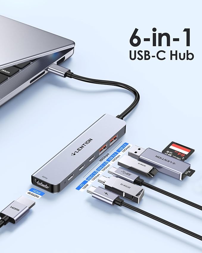 LENTION USB C Hub, 6-in-1 Multiport Adapter with 10Gbps Data Transfer 2xUSB-C & 2xUSB-A, 4K@60Hz HDMI, 100W PD Charging, for MacBook Pro/Air, iPad, iPhone & More, Stable Driver 3.0, Gray (CE37)
