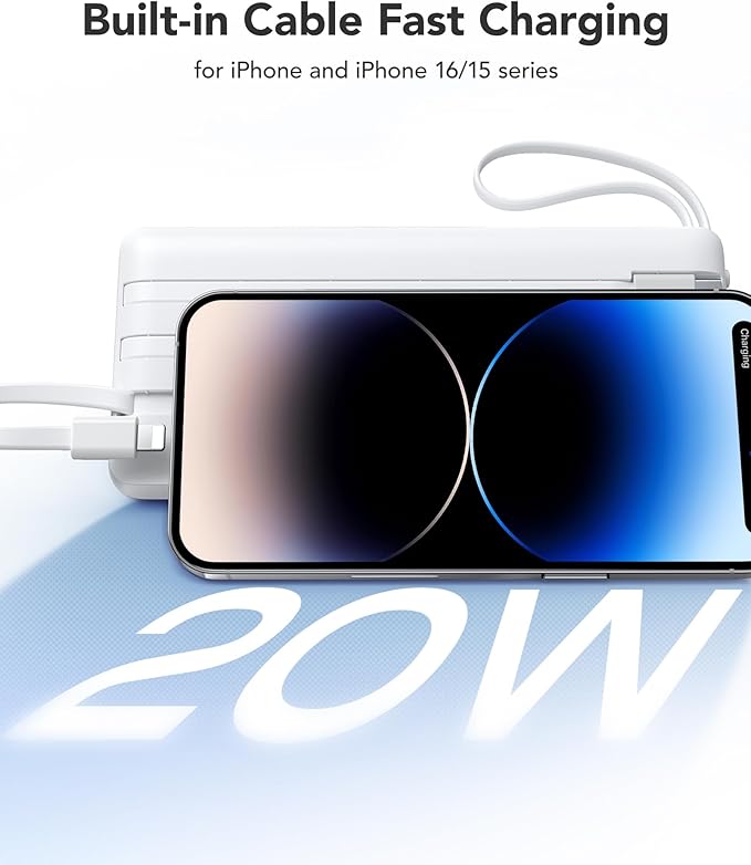 VRURC Portable Charger with Built in Cables 20000mAh, 22.5W Fast Charging USB C Power Bank,LED Display Charging Back with 4 Output 2 Input for iPhone 15/14/13/Pro,Samsung,Android-White(1 Pack)