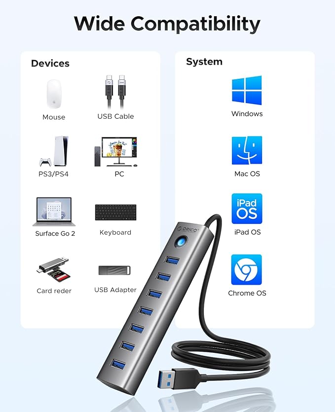 ORICO Aluminum 7-Port USB Hub with 3.28Ft Cable, Multiple USB 3.0 Hub, 5Gbps Data Transfer, 5V 3A Type-C Port, UBS-A Splitter for PC, Laptop, Desktop
