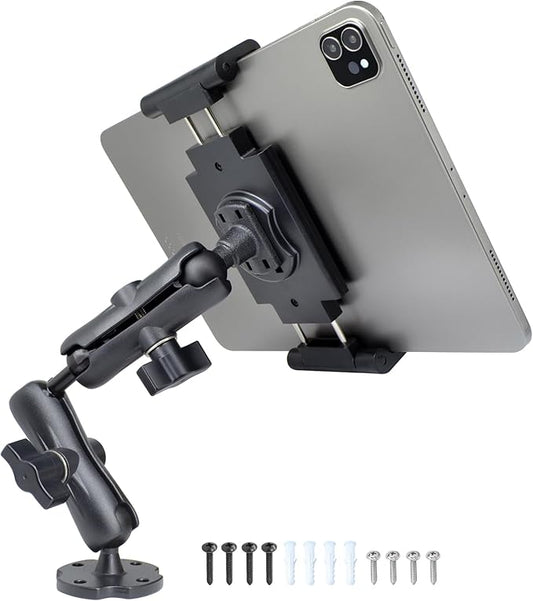 Aluminum Heavy-Duty Dual Arm Tablet Mount with 4-Point 360° Rotation Drill Base - Fits 6.5"-12.9" Tablets (iPad, Galaxy Tab, Surface) - Versatile Mounting for Homes, Businesses, Vehicles
