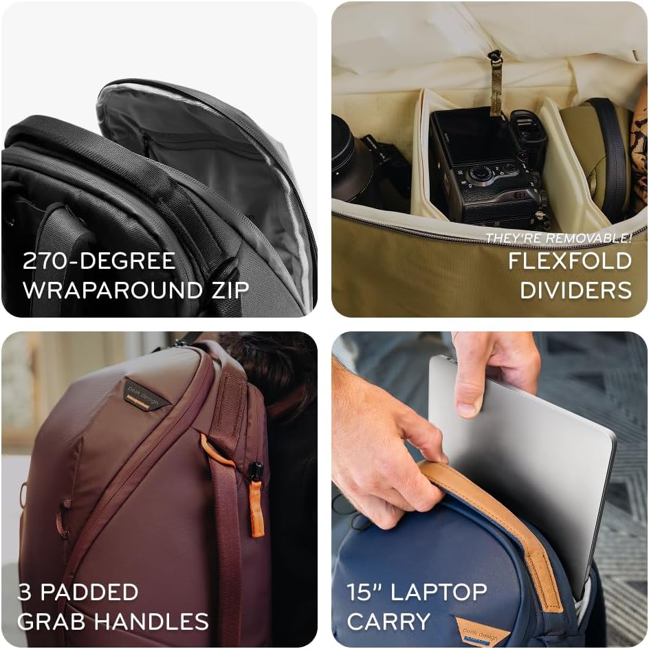 Peak Design Everyday Backpack Zip 20L, Kelp, 270-Degree Zip, Dual Side Pockets, FlexFold Dividers, Fits 15" Laptop, For Camera Carry, Daily Commutes or Travel, Versatile Backpack for Men and Women