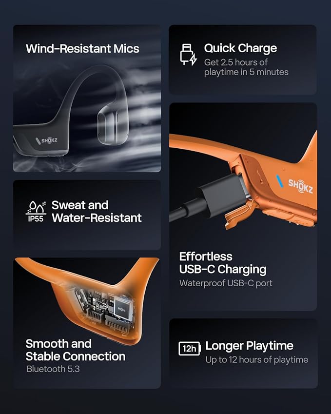 SHOKZ New OpenRun Pro 2- Bone Conduction Headphones, Open-Ear Bluetooth Wireless Sport Earphones for Running, Workouts - Sweat Resistant, Secure Comfortable Fit -Deep Bass, Smart Mic, Reflective Strip