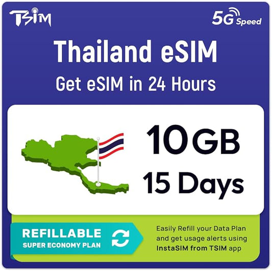 Thailand eSIM | 10GB Super Saver Refillable Plan! QR Code Sent via Email in 24Hrs - Scan & Use Immediately | Auto Activating 15 Day Validity | 5G Speed + Hotspot | Data-Only No Phone Number