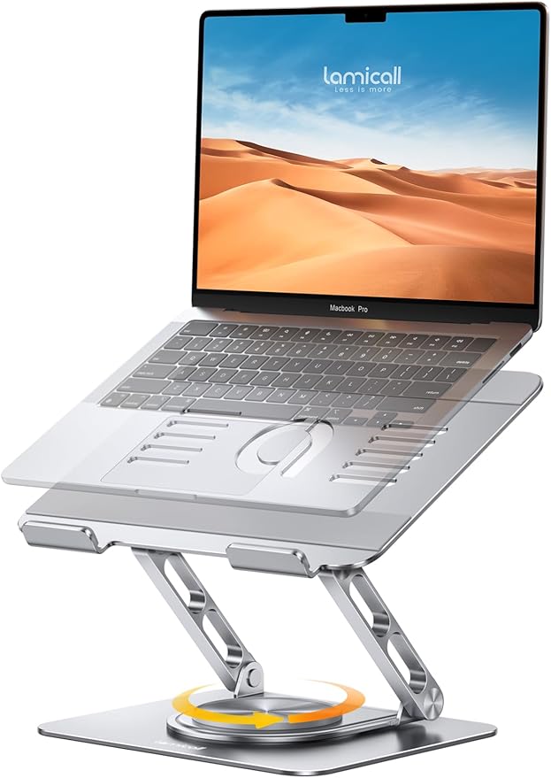 Lamicall Adjustable Laptop Stand for Desk - 360 Rotating Base Ergonomic Computer Stand, Aluminum Laptop Riser Foldable Protable for Office Home fits MacBook Air Pro, Dell, HP (10-17.3'') -Sliver