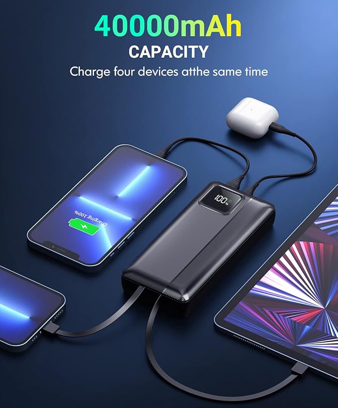 Power-Bank-Portable-Charger - 40000mAh Power Bank Support PD 30W and QC4.0 Fast Charger with Built-in 2 Output Cable and LED Display for iPhone and Android Phones and Most Electronic Devices