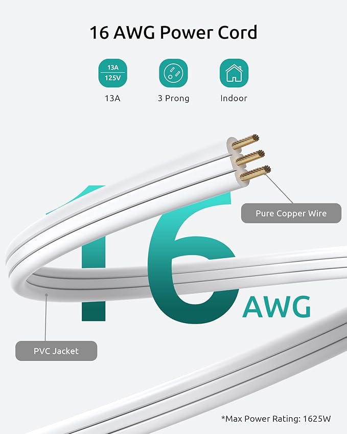 Flat Extension Cord Short 3ft, ETL Listed, NUTICT Indoor 3 Prong Extension Cord with 900J Surge Protector, 13A/16 AWG, Left Angle Flat Wall Plug, Small Outlet Extender for Kitchen Bathroom, White