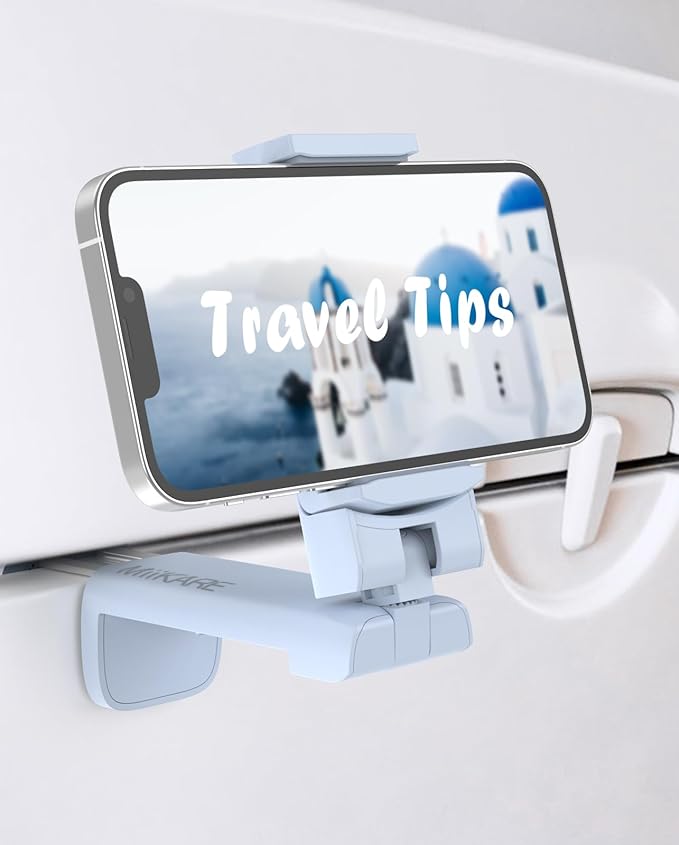 MiiKARE Travel Essentials Airplane Phone Holder, Universal Handsfree Phone Mount for Flying with 360 Degree Rotation, Travel Must Haves Phone Stand for Desk, Tray Table, Blue