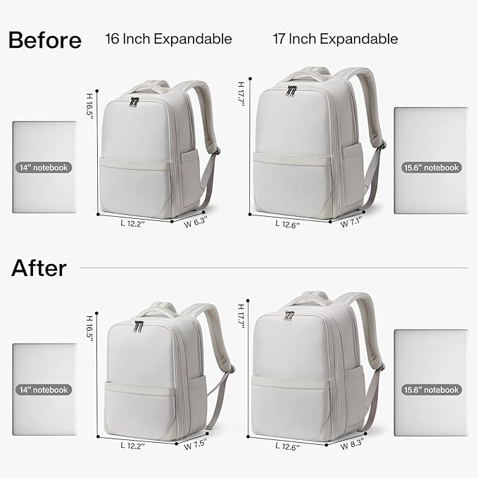 Hanke Expandable Travel Backpack 17 Inch, Full-Open Laptop Backpack Fits 15.6 Inch, Carry On Personal Item Bag with Luggage Strap, Business Work Backpack for Women Men, Greyish White