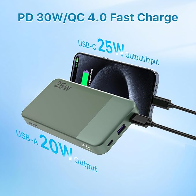 NOBIS Portable Charger, 10000mAh Power Bank Fast Charging, Battery Pack with C to C Cable, Battery Bank with Digital Display for iPhone iPad Android etc (Green, 25W)