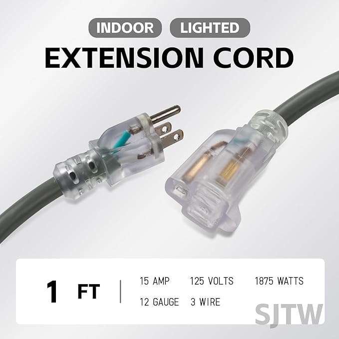 EP 1 Ft Lighted Extension Cord - 12/3 SJTW Heavy Duty Grey Extension Cable with 3 Prong Grounded Plug - Power Cord for Lawn, Garden, Appliances,2PACK