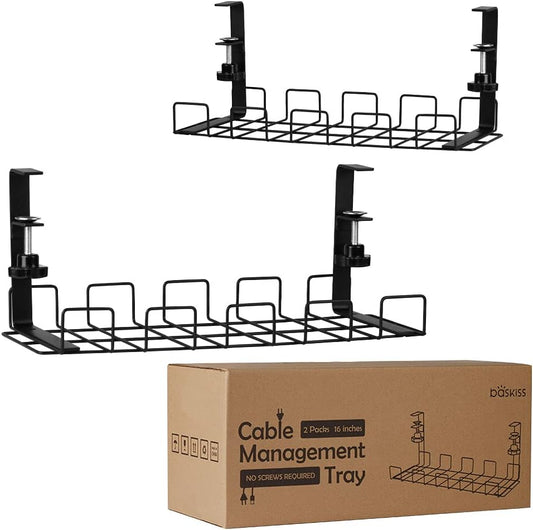 Under Desk Cable Management Trays 2 Pack, 16" Clamp Mounted Cord Organizer Holder Wire Organization No Drill Holes Needed for Computer Home Office Standing Tables to Conceal Power Strips