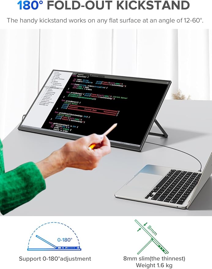 UPERFECT 22" 2K QLED Portable Touchscreen Monitor w/VESA & 180° Adjustable Stand, 2560×1440 QHD FreeSync HDR, 100% DCI-P3 Color, USB-C HDMI Travel Second Monitor for Laptop, Switch, Phone