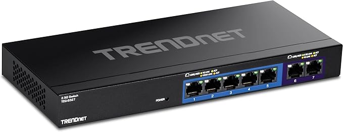 TRENDnet 7-Port Multi-Gig Gaming Switch, TEG-S327, 5 x 1G RJ-45 Base-T Ports, 2 x 2.5G RJ-45 Ports, 20Gbps Switching Capacity, Wall Mountable, Plug & Play, Lifetime Protection, Black