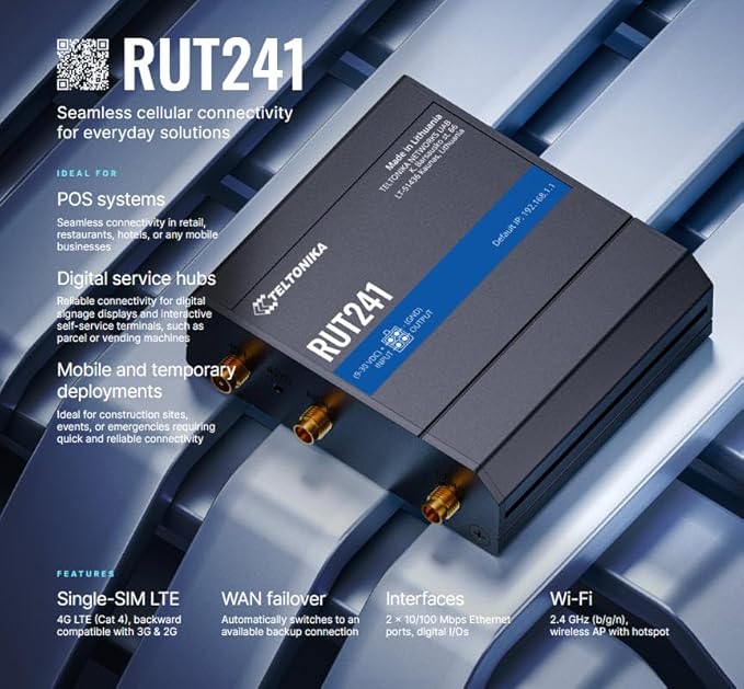 Teltonika RUT241 Industrial 4G LTE Router – Compact & Rugged Wireless Router with Ethernet, WiFi, VPN, RMS Support, Remote Monitoring, and IoT Connectivity (RUT241098000)