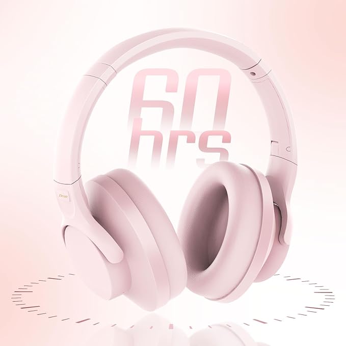 ZIHNIC Active Noise Cancelling Headphones, 60H Playtime Wireless Bluetooth Headset Low Latency-Pink
