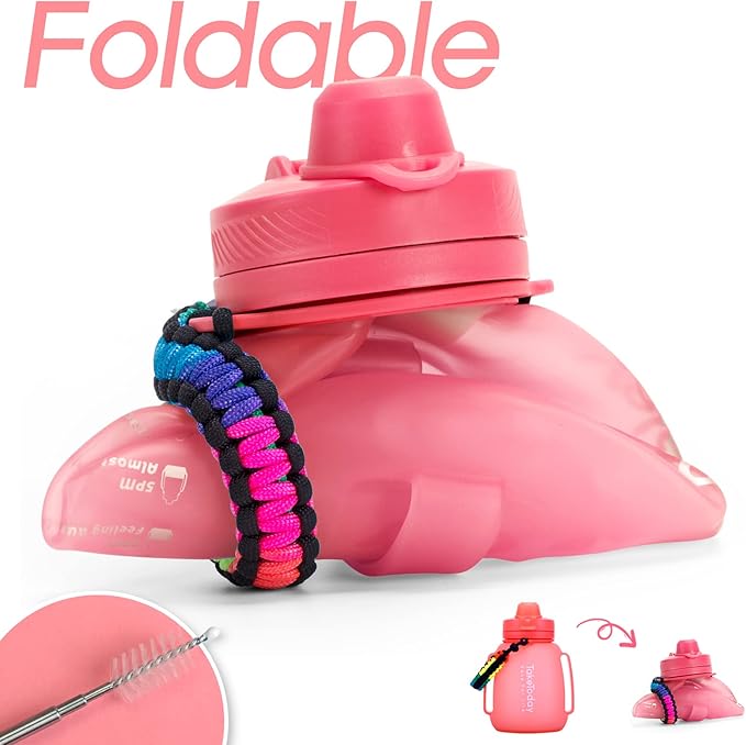 TakeToday 40 OZ Gallon Motivational Collapsible Water Bottles with Straw and Paracord Handle 1.2L Silicone Sports Water Bottle with Time Marker for Yoga Camping Outdoors