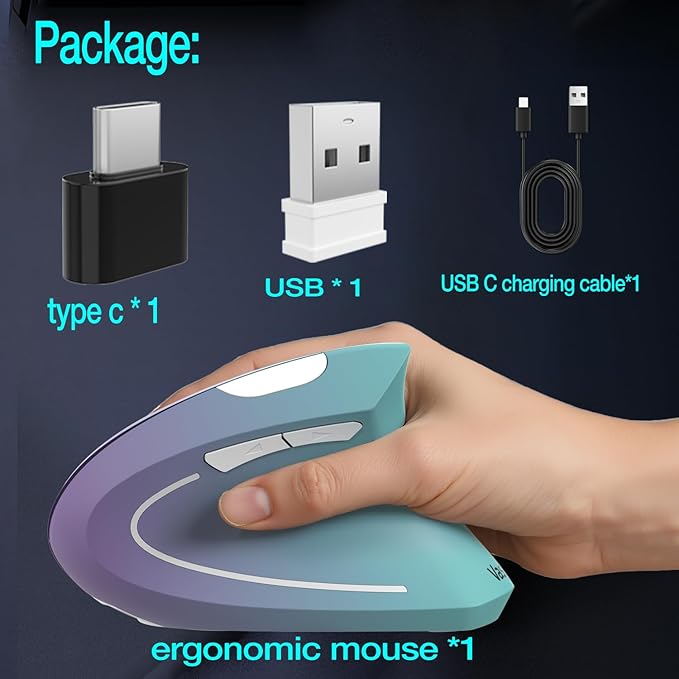 Vassink Ergonomic Wireless Rechargeable Mouse, USB A+Type C(2in 1) Connection, 800/1200/1600 DPI, 6 Buttons, 2.4GHz Carpal Tunnel Vertical Mice, for Laptop, Desktop,MacBook Purple Gradient Green