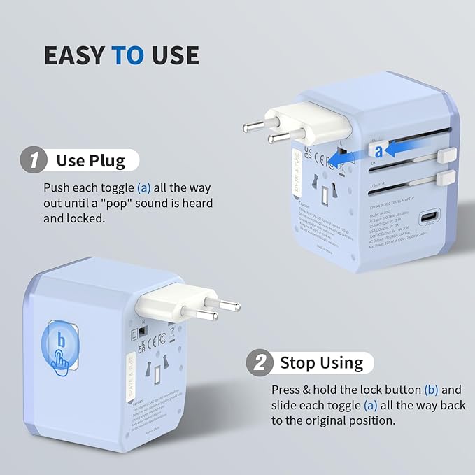 EPICKA Universal Travel Adapter, International Power Adapter with 2 USB-A & 3 USB-C Ports Wall Charger - Worldwide Travel Essentials, European Travel Plug Adapter for UK/US/AU (TA-105C, Blue)