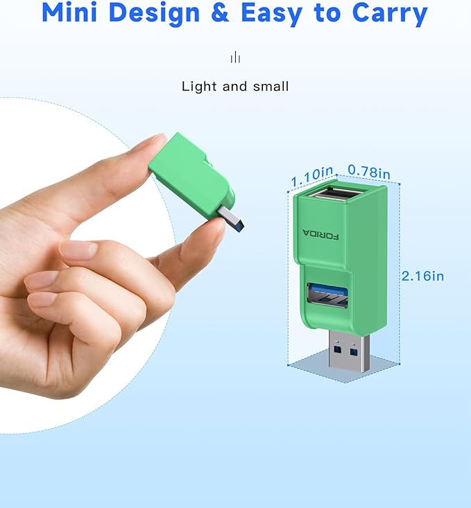 FORIDA 3 Ports USB 3.0 Adapter, USB Hub with 1 USB 3.0 and 2 USB 2.0 Ports, Portable USB Port Splitter for Keyboard, Mobile Hard Disk, U Disk, Camera, Mouse, etc (Green)