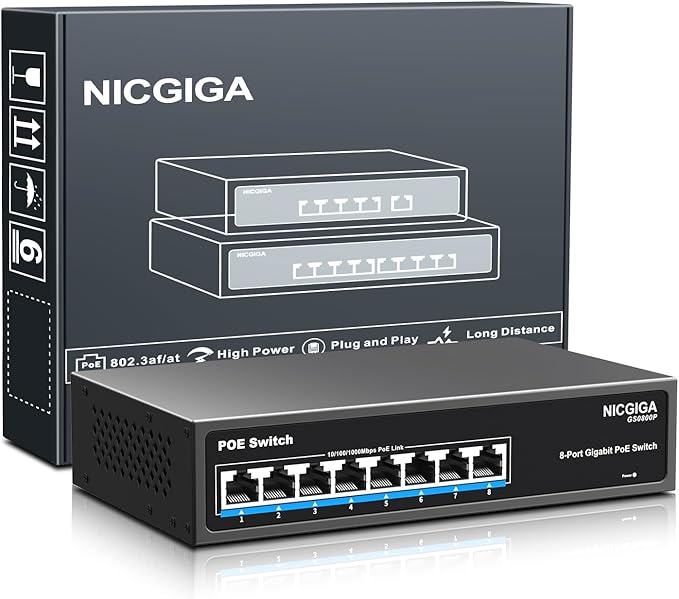 8 Port Gigabit PoE Switch Unmanaged, 8 Ports PoE+@120W, 802.3af/at, NICGIGA 8 Port 1000Mps Network Power Over Ethernet Switch, Fanless.