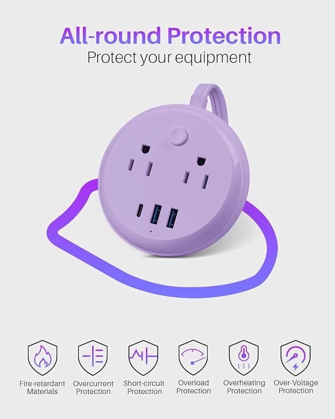 Flat Plug Power Strip with USB C Ports, KOOSLA Travel Extension Cord No Surge Protection - 2 Outlets 3 USB Ports(1250W) - Cruise Essentials for Cruise Ship, Home, Office, Dorm Room, 10ft