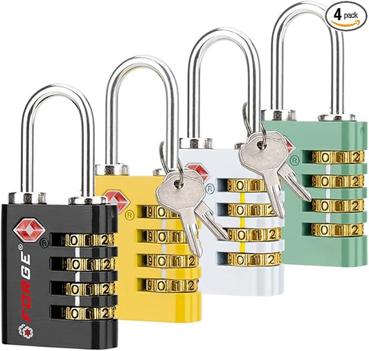 Forge Dual-Opening: Key or Combination Access Lock, TSA Approved Locks for Luggage, Pelican case, Travel, Gym, School, Stainless Steel Shackle. (Multi Color, 4 Pk)