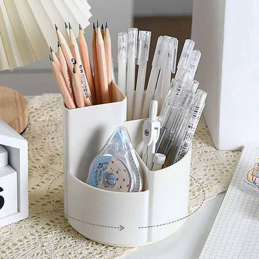 OWLFAVO Desk Pencil Pen Holder, 4 slots 360-Degree Spinning Desk Organizers, Rotating Desktop Storage Stationery Supplies for School, Home, Office, Kitchen, Makeup Brush, Ivory White