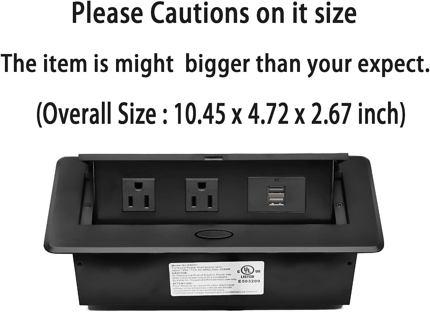 UL Listed Power Strip, Kungfuking Pop Up Power Cover Box Desktop Socket with Dual USB Charging Ports, Stainless Steel Receptacle Outlet for Conference Room Countertop (Black)