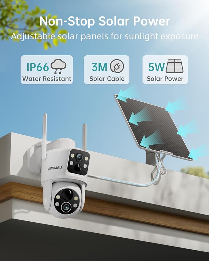 ZUMIMALL Security Cameras Wireless Outdoor with Dual Lens, 360° PTZ Solar Camera for Home Security, Clear Color Night Vision/AI Detection/2-Way Talk/2.4GHz WiFi/Siren & Light Alarm/IP66/Cloud/Alexa