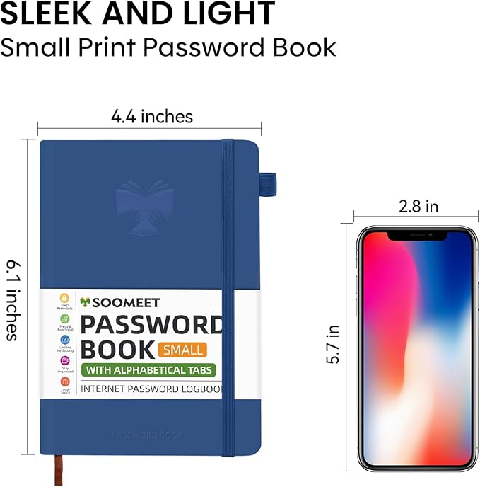 Password Book with Alphabetical Tabs, Hardcover Password Keeper, Size 4.4''x 6.1'' Password Notebook for Saving Internet Login, Username, Password Organizer for Computer & Website Logins, Blue