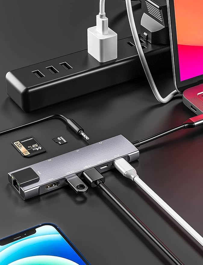 USB C Hub Mulitiport Adapter, 9-in-1 Hub with 1Gbps Ethernet,4K@30Hz HDMI,100W Power Delivery, 2 USB 3.0,SD/TF Card Slots,3.5mm Jack,USB-C3.0 Data, for MacBook Pro/Air iPad Pro M1/M2,Surface,XPS