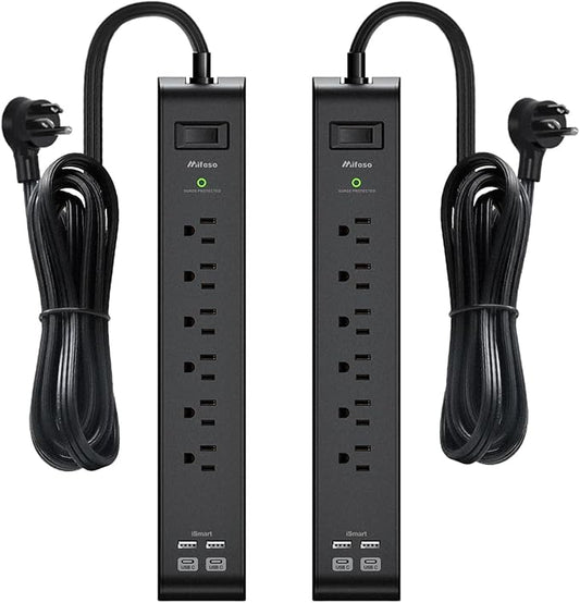 2 Pack Surge Protector Power Strip with 6 Outlets 4 USB Ports (2 USB C) 15-Foot Extension Cord Flat Plug 900 Joules 15A Circuit Breaker Wall Mount Desk USB Charging Station for Home Office