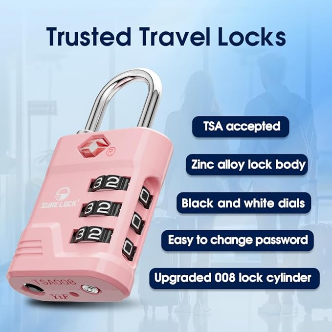 SURE LOCK TSA Locks for Luggage, TSA Approved Luggage Locks with Open Alert, TSA008 Key for High Security, Easy Read Dials, Zinc Alloy Body, Locker Lock for Suitcase, Gym, Travel(Pink 1 pk)