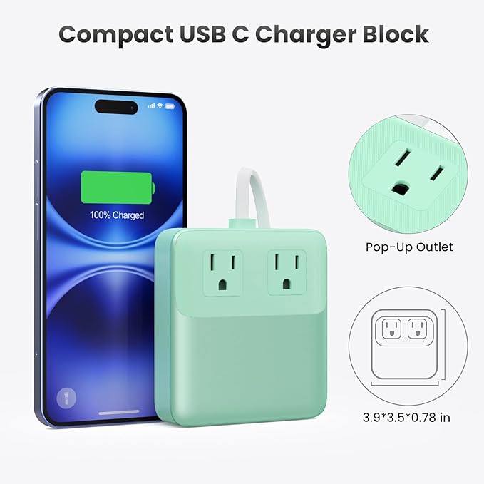USB C Charger Block,135W GaN IV Fast Charging Station Hub,6-in-1 USB C Power Strip with Flat Plug and 5ft Cord,2 AC,2 USB A,2 USB C,PD 65W Laptop Charger for MacBook Air/Pro,iPhone16/15,Samsung-Green