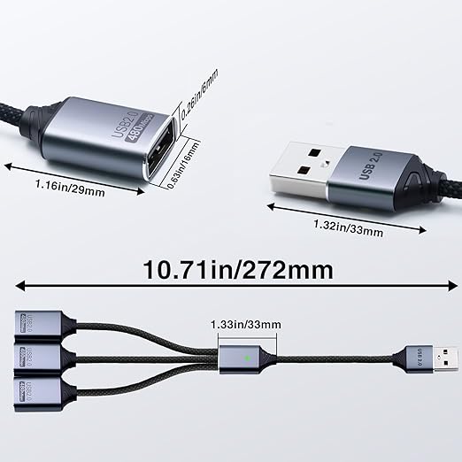 Duttek USB A Splitter 0.8FT/25cm, 1 to 3 USB Extension Cable, Type A Male to 3 Female Cable for Laptop, PC, Charging and 480Mbps Data Transfer