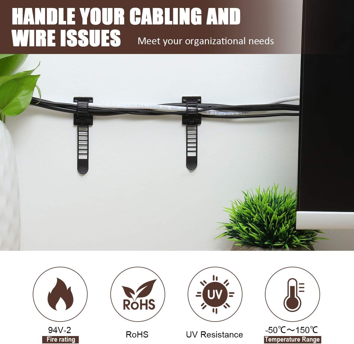 Adhesive Cable Management Clips, 100Pcs Adjustable Nylon Cable Strap Ties Wire Clips Clamps Organizer with Strong Adhesive Tape, Extra Screw & Hole for Strong Fixation Home Office - 3.55 Inch Black