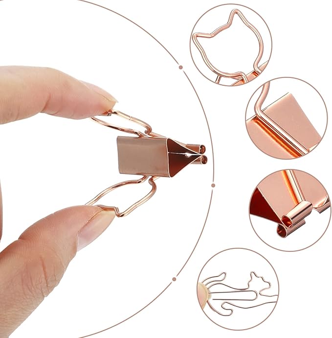 Eersida 55 Pieces Cat Binder Clips 30 Pcs Cute Metal Paper Clips and 2 Size 25 Pcs Rose Gold Pet Binder with Clear Box Fun Animal Supplies for School Office Paper Bookmark Cat Lovers Gift